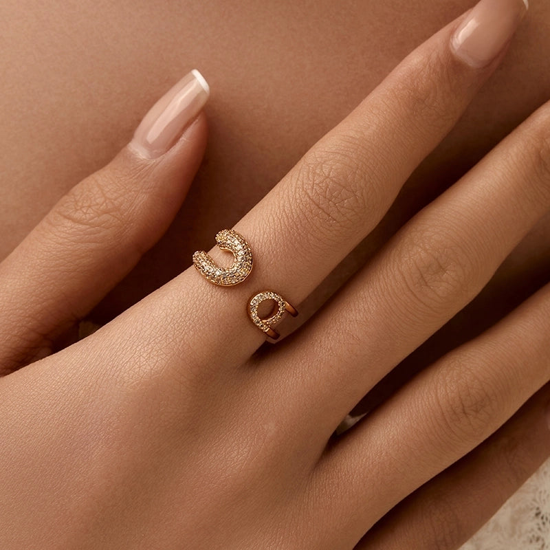 Copper 18K Gold Plated Inlay Semicircle Round Petal Zircon Open Rings