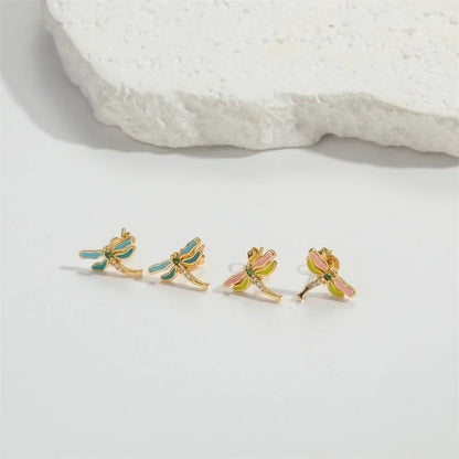 1 Pair Elegant Minimalist Commute Dragonfly Butterfly Enamel Inlay Copper Zircon 14K Gold Plated Ear Studs