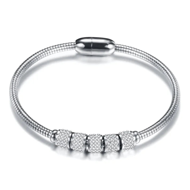 2 Pieces Fashion Round Stainless Steel Inlay Artificial Diamond Bangle 1 Piece