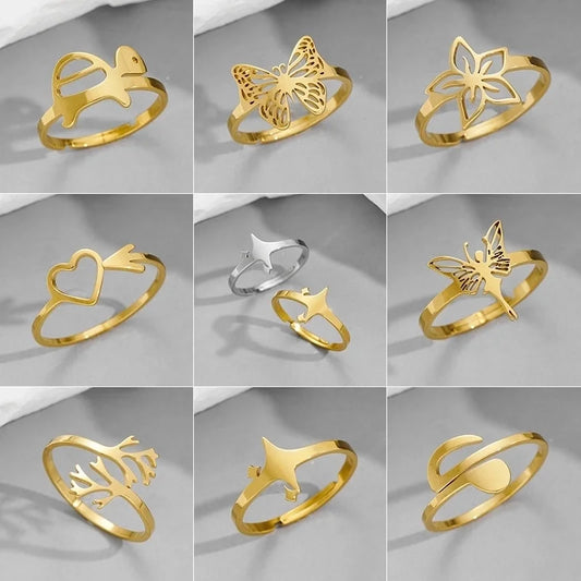 Funny Sweet Pastoral Star Bat Butterfly 201 Stainless Steel 18K Gold Plated Polishing Open Rings