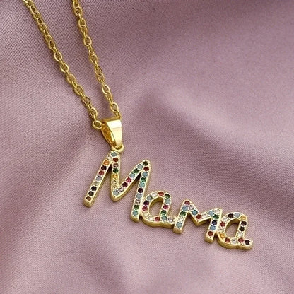 304 Stainless Steel Copper MAMA Minimalist Plating Inlay Letter Zircon Pendant Necklace