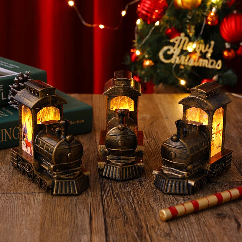 2 Pieces Christmas Decoration Glowing Santa Claus Driving Train Night Light Wind Lantern Christmas Gift Ornament