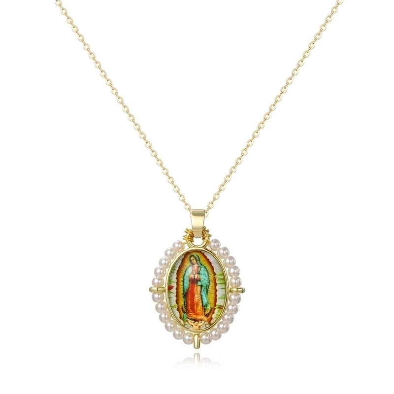 Copper 18K Gold Plated Inlay Human Virgin Mary Acrylic Imitation Pearl Pendant Necklace