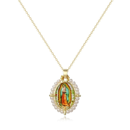 Copper 18K Gold Plated Inlay Human Virgin Mary Acrylic Imitation Pearl Pendant Necklace