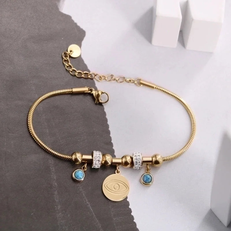 Original Design Devil\'S Eye Insect Waves Titanium Steel 18K Gold Plated Artificial Gemstones Bracelets In Bulk