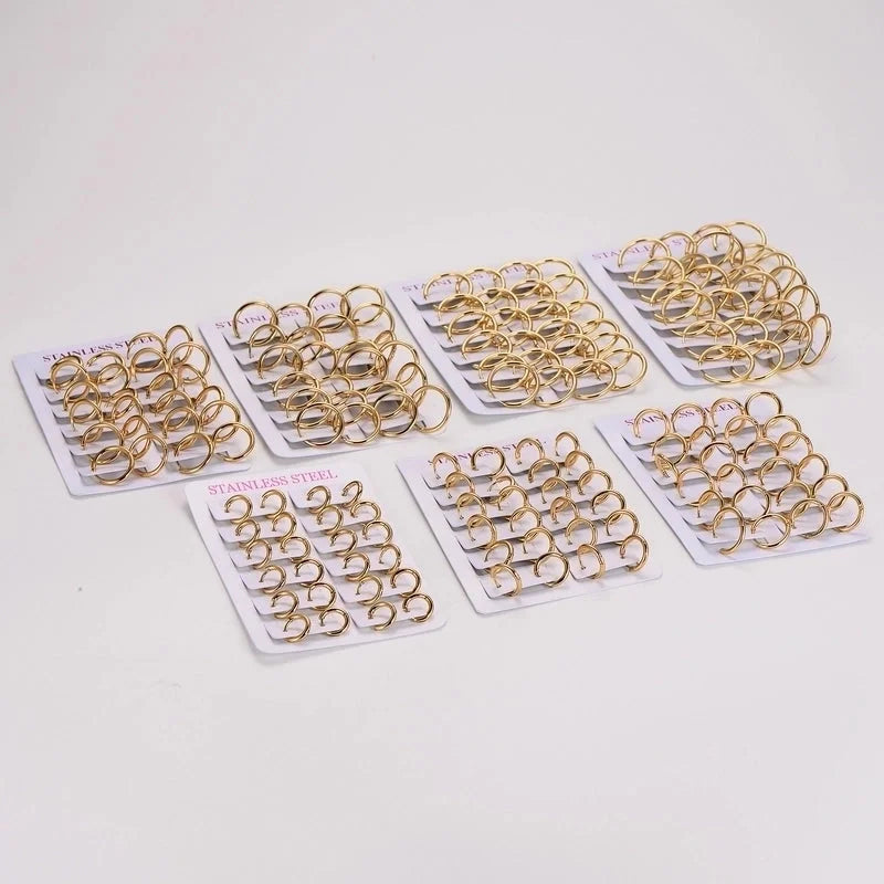 A Pack Of 12 Pairs Minimalist Classic Style Geometric Round 304 Stainless Steel Hoop Earrings