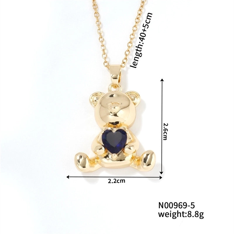 304 Stainless Steel Copper K Gold Plated Cute Sweet Korean Style Three-dimensional Inlay Little Bear Zircon Pendant Necklace