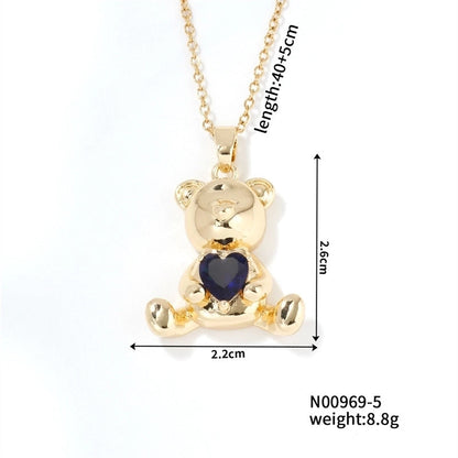 304 Stainless Steel Copper K Gold Plated Cute Sweet Korean Style Three-dimensional Inlay Little Bear Zircon Pendant Necklace