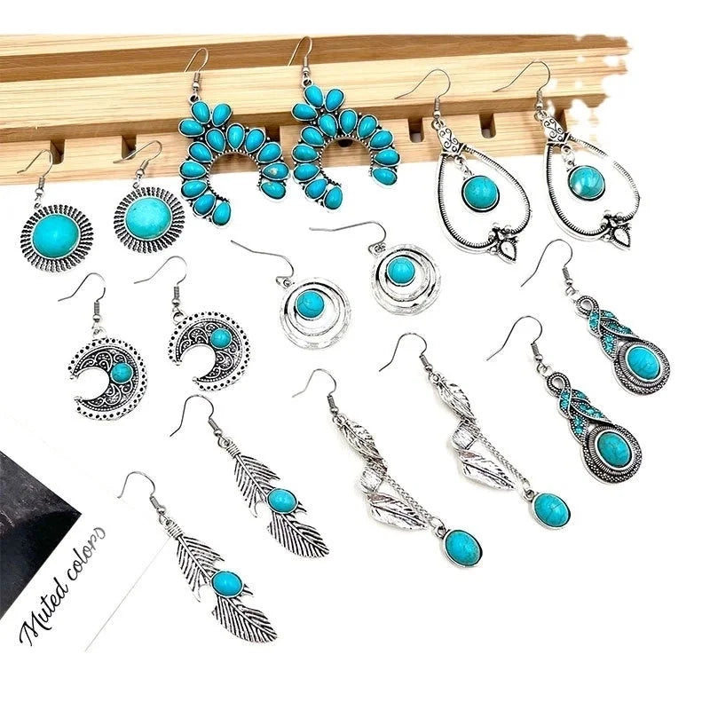 Turquoise Earrings Suit Women\'s Bohemian Retro Personalized Ethnic Style Alloy Earrings