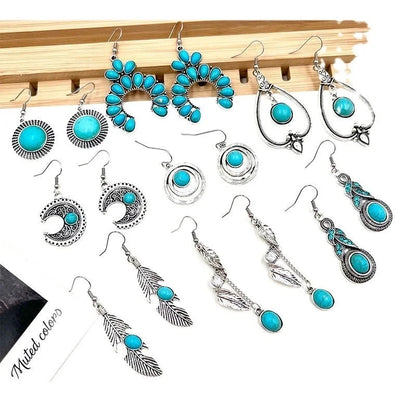 Turquoise Earrings Suit Women\'s Bohemian Retro Personalized Ethnic Style Alloy Earrings