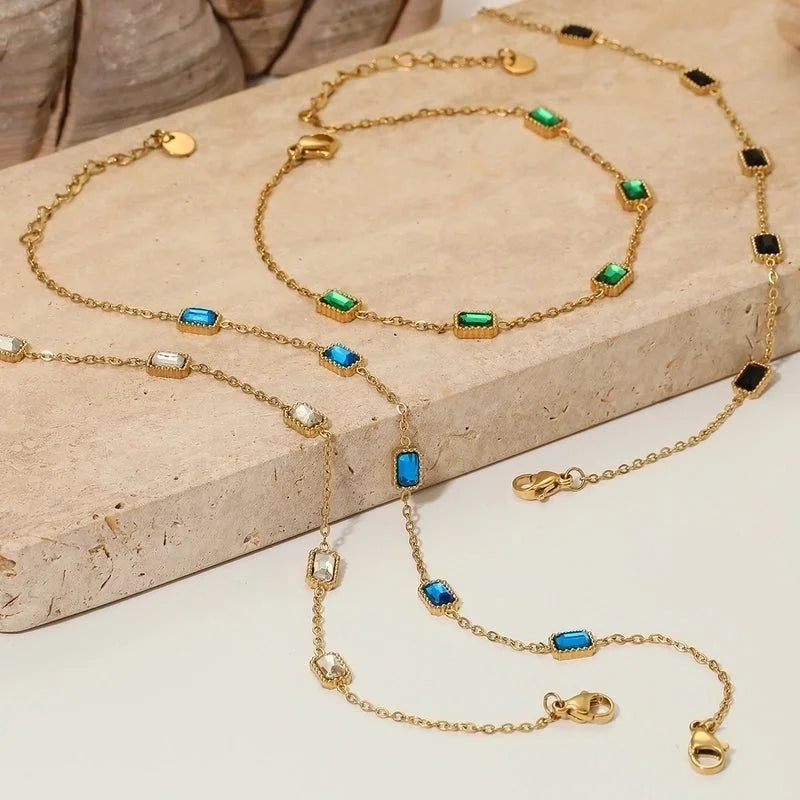 Hawaiian Vacation Modern Style Square 304 Stainless Steel Zircon 16K Gold Plated White Gold Plated Gold Plated Plating Inlay Bracelets Anklet Necklace