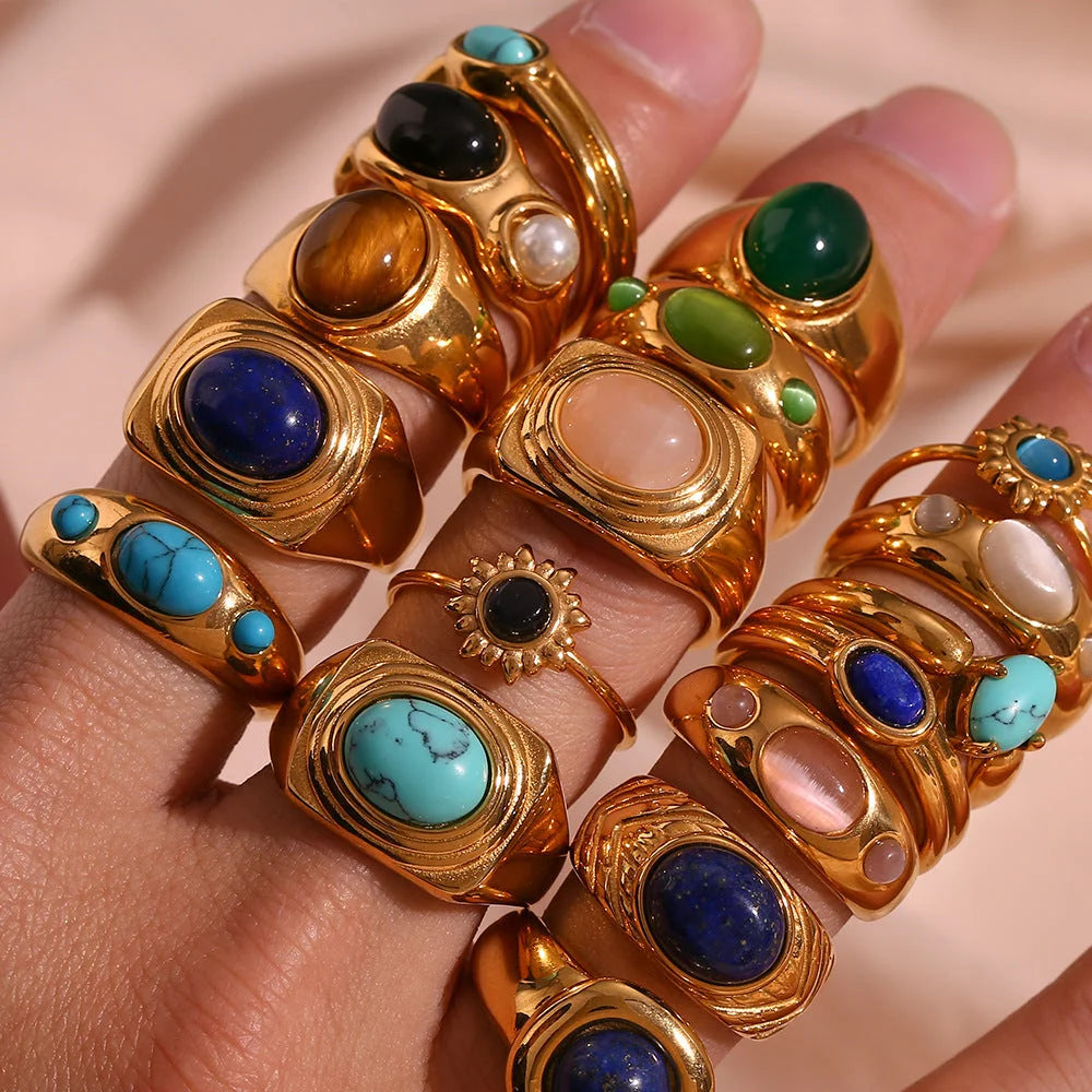 Minimalist Fashion Ellipse Quadrilateral Round Geometric Stainless Steel 18K Gold Plated Rings