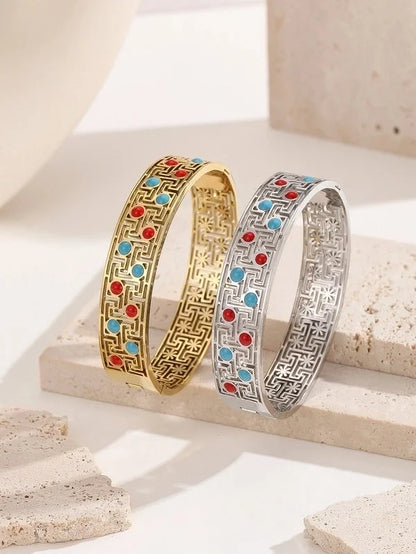 Handmade Minimalist Paisley Geometric Titanium Steel 18K Gold Plated Turquoise Bangle In Bulk