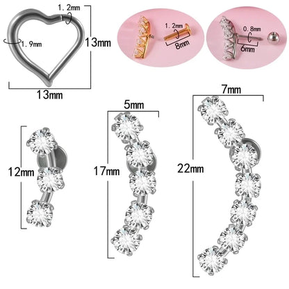 2 Pieces Ear Cartilage Rings & Studs Casual Vacation Minimalist Geometric Heart Shape 304 Stainless Steel Inlay Zircon 18K Gold Plated Lip Rings Ear Cartilage Rings & Studs