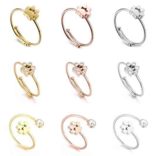 Fashion Paw Print Titanium Steel Zircon 18K Gold Plated Polishing Inlay Stainless Steel Rings
