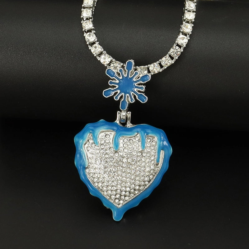 Luminous Oil Dripping Snowflake Love Hip Hop Pendant Peach Heart Personality Single Row Diamond Cuban Link Chain Necklace Men And Women