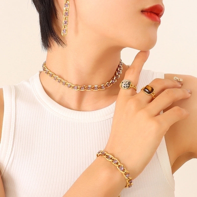 Retro Geometric 304 Stainless Steel Zircon 18K Gold Plated Bracelets Earrings Necklace
