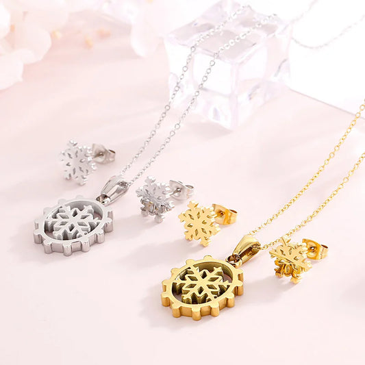 Women's Set Snowflake Pendant Earrings Stainless Steel Necklace Christmas Accessories