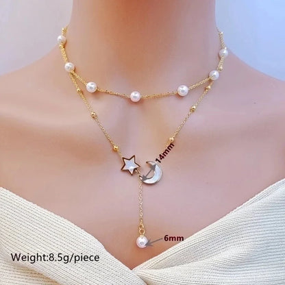 Stainless Steel 18K Gold Plated Casual Minimalist Pearl Inlay Star Moon Shell Bracelets Earrings Necklace