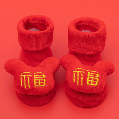 New Newborn Baby Socks Autumn And Winter A Cotton Red Terry Fleece-lined Thickened Non-slip Baby Christmas Floor Socks 1