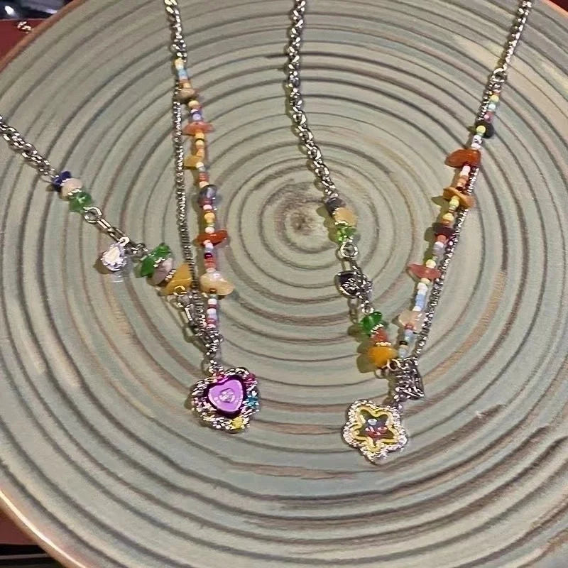 Lady Sweet Heart Shape Flower Fish Tail Imitation Pearl Alloy Inlay Rhinestones Women\'s Necklace