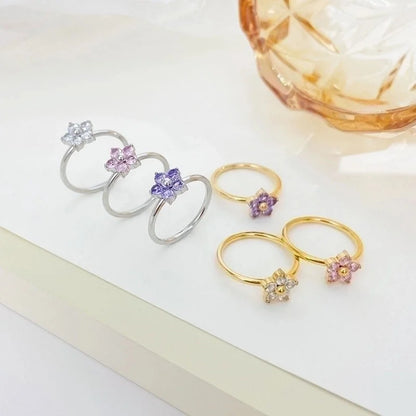 Sweet Minimalist Flower 304 Stainless Steel Zircon White Gold Plated Gold Plated Plating Inlay Rings