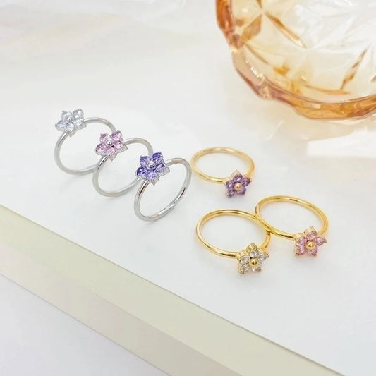 Sweet Minimalist Flower 304 Stainless Steel Zircon White Gold Plated Gold Plated Plating Inlay Rings