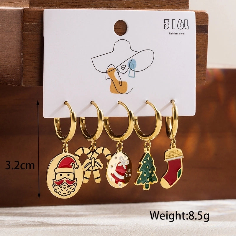 1 Set Christmas Cute Classic Style Christmas Tree Santa Claus Snowman Enamel Plating Stainless Steel Drop Earrings