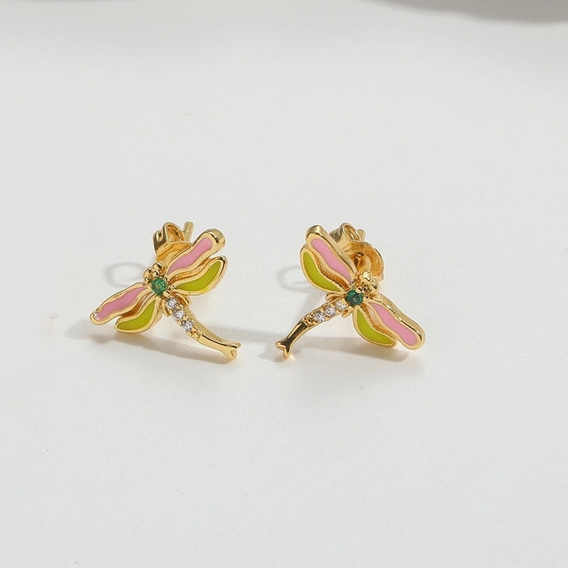 1 Pair Elegant Minimalist Commute Dragonfly Butterfly Enamel Inlay Copper Zircon 14K Gold Plated Ear Studs