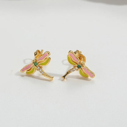 1 Pair Elegant Minimalist Commute Dragonfly Butterfly Enamel Inlay Copper Zircon 14K Gold Plated Ear Studs