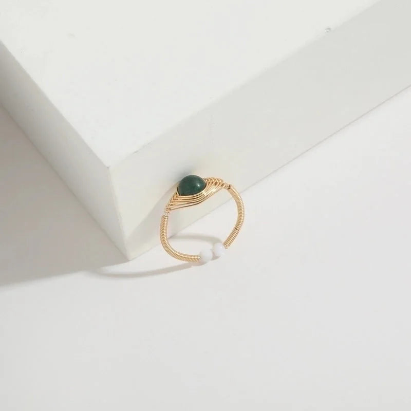 Retro Round Natural Stone Copper 14k Gold Plated Rings