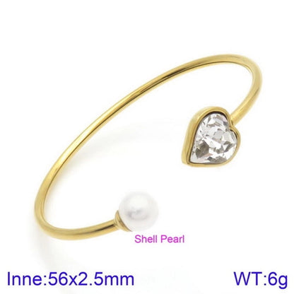 Modern Style Minimalist Heart Shape Stainless Steel Titanium Steel 18K Gold Plated Glass Stone Pearl Bangle In Bulk