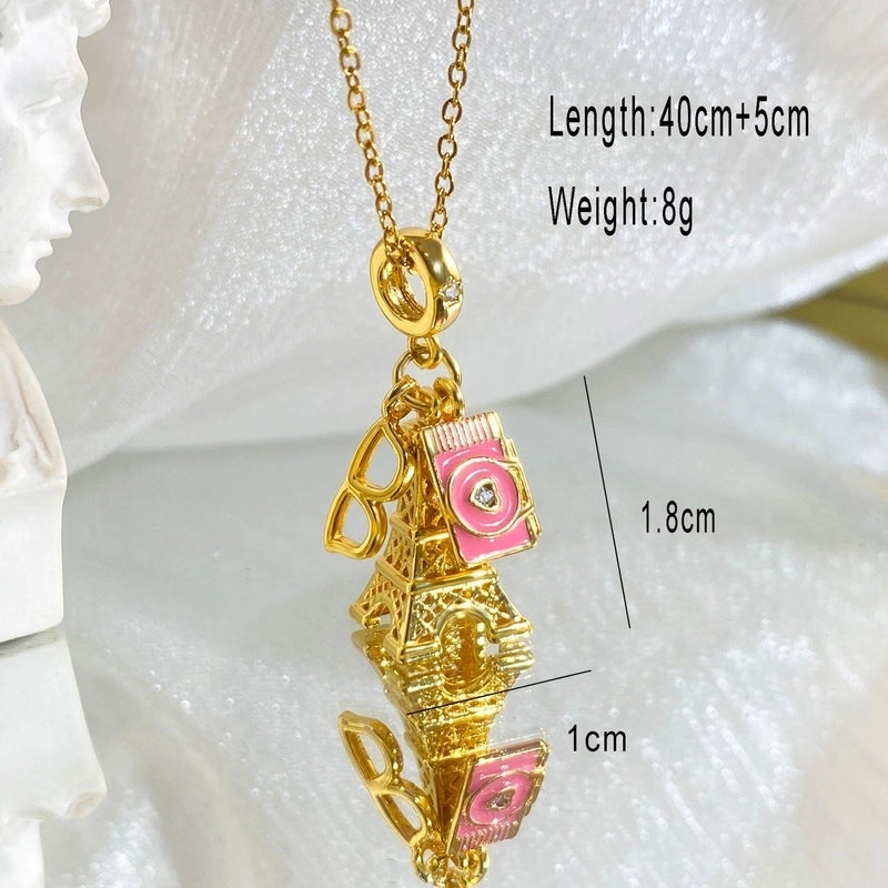 Copper Cable Chain Plating Four Leaf Clover Eiffel Tower Airplane Pendant Necklace