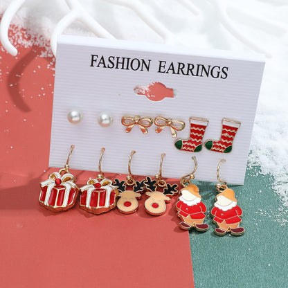 New Christmas Snowman Cane Earrings Set Cartoon Dripping Elk Wreath Earrings