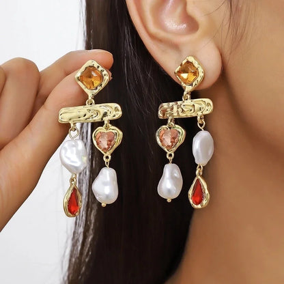 1 Pair Minimalist Geometric Inlay Imitation Pearl Rhinestones Drop Earrings