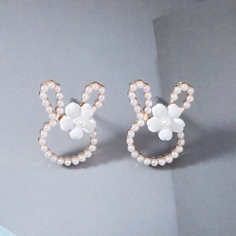 1 Pair Cartoon Style Cute Rabbit Flower Plating Inlay Zinc Alloy Imitation Pearl Ear Studs