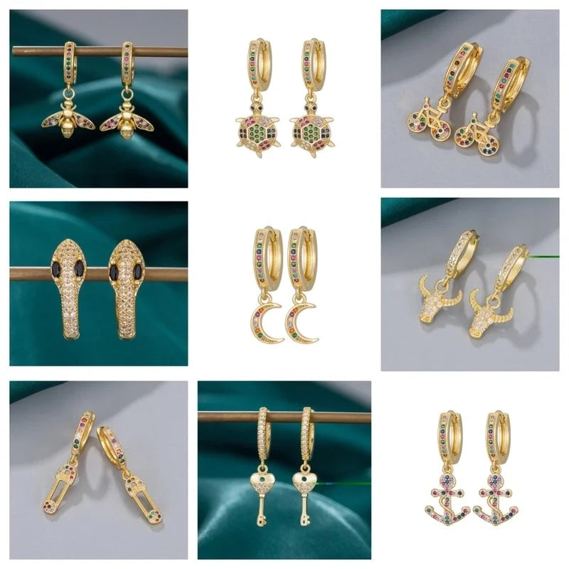 1 Pair Vintage Style Tortoise Moon Bee Plating Inlay Copper Rhinestones 18k Gold Plated Drop Earrings