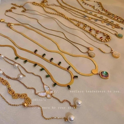 Minimalist Geometric Alloy Titanium Steel Plating Inlay Artificial Pearls Turquoise Rhinestones Necklace