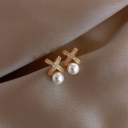 1 Pair Minimalist Round Inlay Alloy Pearl Zircon Drop Earrings