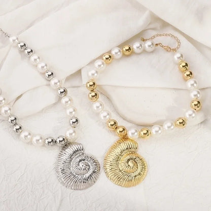 Exaggerated Beach Conch Heart Shape CCB Imitation Pearl Alloy Pendant Necklace