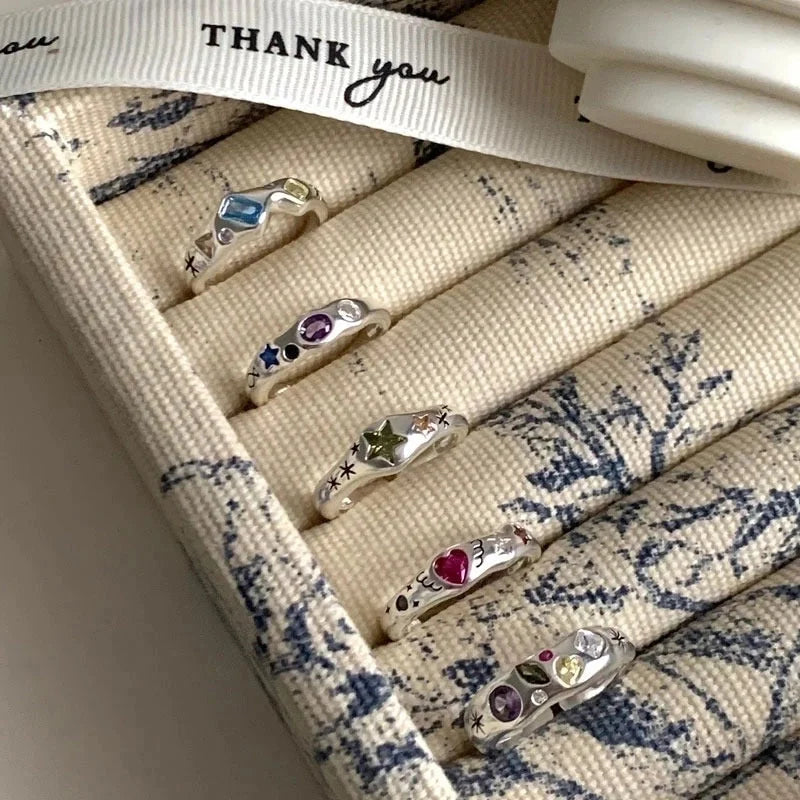 Vacation Sweet Star Heart Shape Copper Inlay Zircon Rings