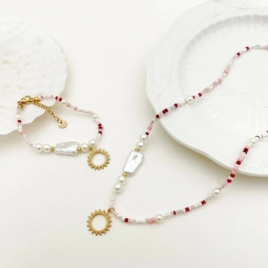 Minimalist Commute Round Sun 304 Stainless Steel Gold Plated Beaded Bracelets Necklace