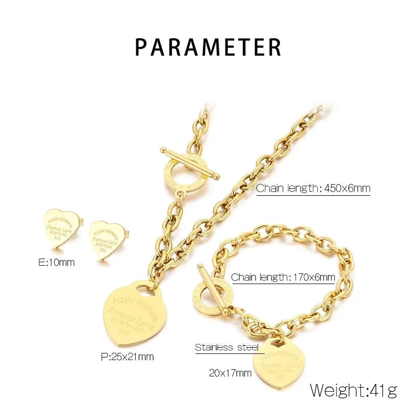 Minimalist Heart Shape 304 Stainless Steel 18K Gold Plated Jewelry Set