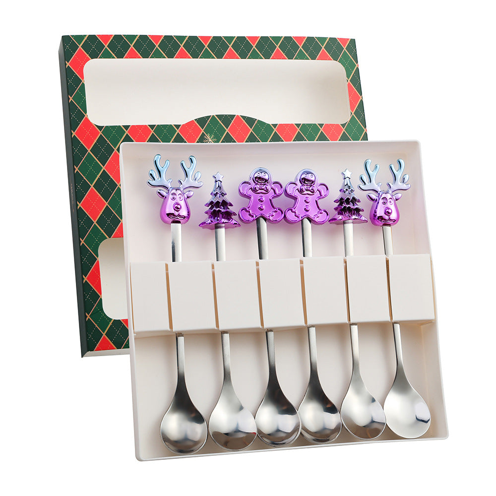 J Christmas Spoon Set Cartoon Colorful Santa Claus Christmas Tree Spoon Fork Coffee Dessert Spoon Gift Box