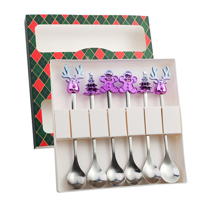 J Christmas Spoon Set Cartoon Colorful Santa Claus Christmas Tree Spoon Fork Coffee Dessert Spoon Gift Box