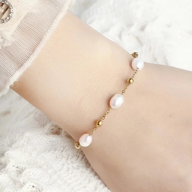 Lady Water Droplets Stainless Steel Freshwater Pearl Beaded Bracelets