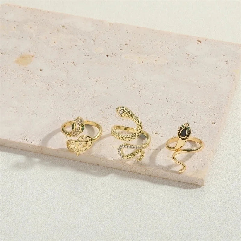 Minimalist Animal Snake Copper Inlay 14K Gold Plated Zircon Open Rings