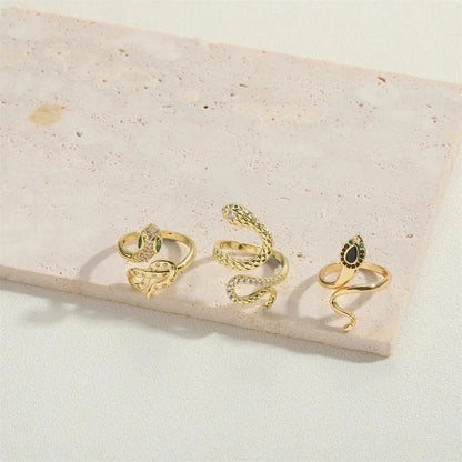 Minimalist Animal Snake Copper Inlay 14K Gold Plated Zircon Open Rings