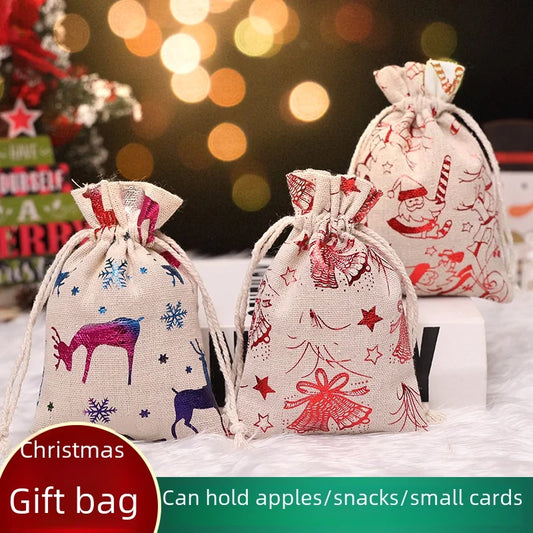 Qiaoding Amazon Hot New Christmas Bronzing Cotton And Linen Bundle Pocket Gift Bag Candy Drawstring Bag