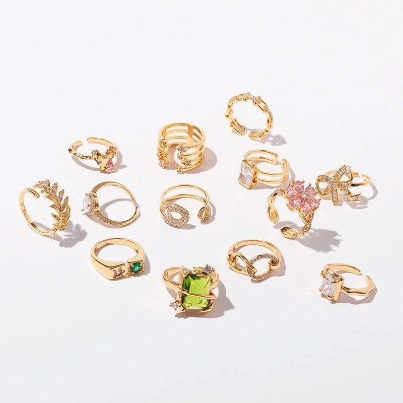 Copper 18K Gold Plated Inlay Semicircle Round Petal Zircon Open Rings